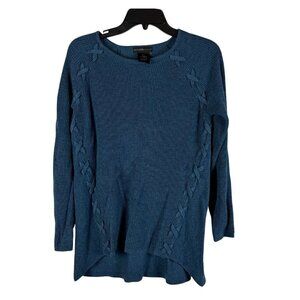 Design History Women Ribbed Blue Sweater With Lace-Up Details Size S